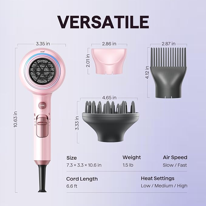 Wavytalk Hair Dryer with Diffuser, Blown Away Ionic Blow Dryer for Curly Hair with Comb, 1875W Fast Drying Hair Dryer with Ceramic Technology, 3 Attachments for All Hair Types, Light and Quiet, Pink