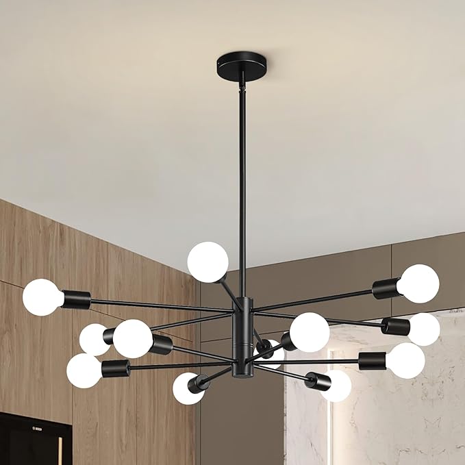 KAISITE Modern Sputnik Chandelier - 12-Light Black Farmhouse Ceiling Light Fixture for Dining Room, Kitchen, Living Room