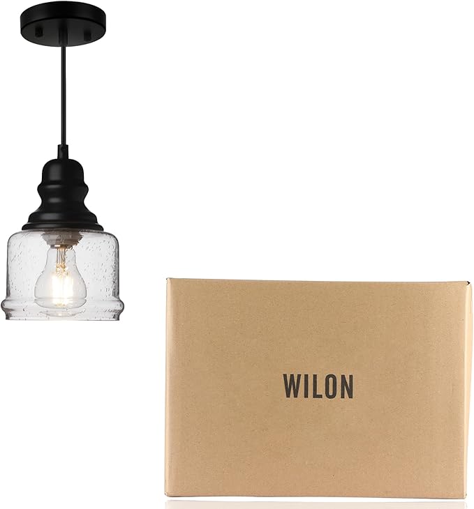 WILON Industrial Pendant Light, 4'' Black Seeded Glass, Farmhouse Kitchen Island Lighting, Adjustable Ceiling Light for Dining Room, E26 Bulb Base, Dimmable