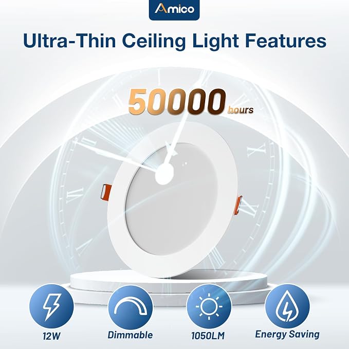 Amico 24 Pack 6 Inch 5CCT Ultra-Thin LED Recessed Ceiling Light with Junction Box, 2700K/3000K/3500K/4000K/5000K Selectable, 1050 Lumens, Dimmable Canless Wafer Downlight, 12W Eqv 110W-ETL&FCC