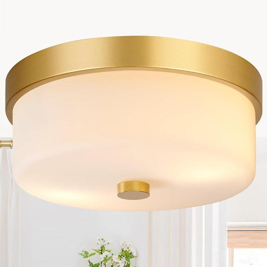szzgco Flush Mount Ceiling Light Fixtures, 2-Light Gold Ceiling Mount with Milky White Glass Lampshade, Industrial Flush Mount Light Fixture Farmhouse for Hallway, Kitchen, Entryway and Foyer