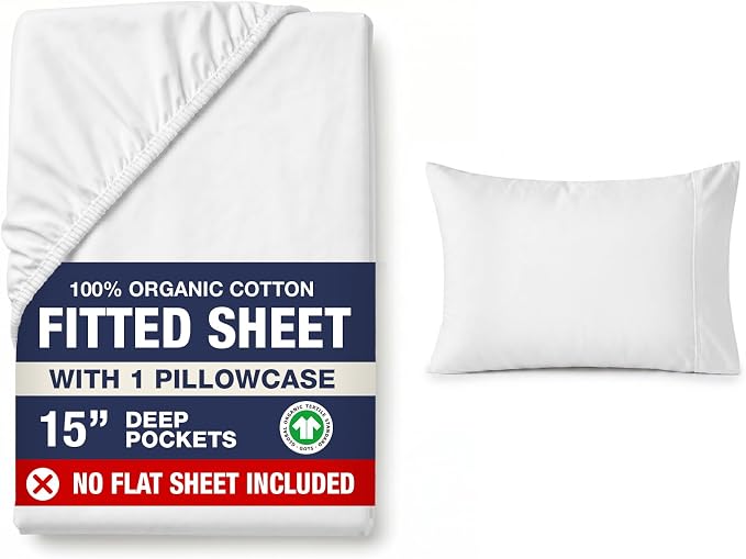 LANE LINEN Fitted Sheet Twin XL Size (No Flat Sheet) - 100% Organic Cotton Soft & Breathable Percale Weave Fitted Sheet Set For Added Comfort - 15'' Deep Pocket For Snug Fit - GOTS Certified - White