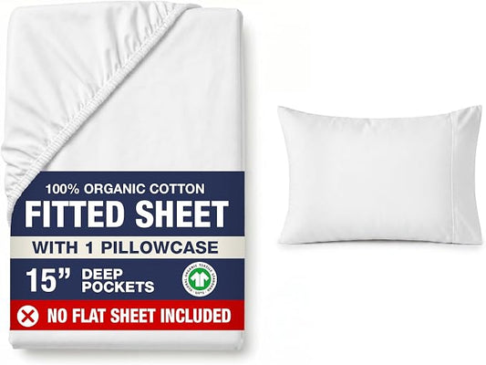 LANE LINEN Fitted Sheet Twin XL Size (No Flat Sheet) - 100% Organic Cotton Soft & Breathable Percale Weave Fitted Sheet Set For Added Comfort - 15'' Deep Pocket For Snug Fit - GOTS Certified - White