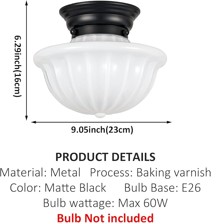 youngrender Black Schoolhouse Light Fixture Ceiling, 9 Inch Hallway Semi Flush Mount Ceiling Lighting, White Milk Glass Ceiling Lights Mid Century for Bedroom, Kitchen, Entryway