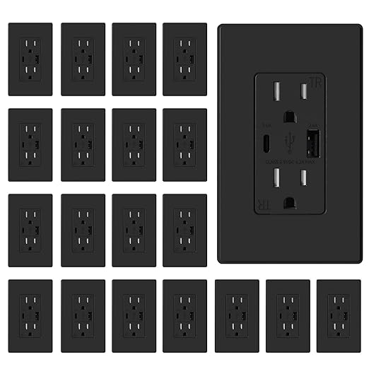 ELEGRP USB Charger Wall Outlet, USB A & C Ports, 15 Amp Duplex Receptacle Plug NEMA 5-15R, Wall Plate Included, UL Listed, 20 Pack, Matte Black