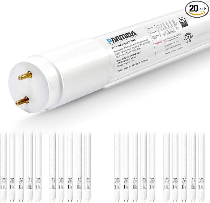 PARMIDA 20-Pack 4FT LED T8 Hybrid Type A+B Light Tube, 18W, Plug & Play or Ballast Bypass, Single-Ended OR Double-Ended Connection, 2200lm, Frosted Cover, T8 T10 T12, UL - 5000K
