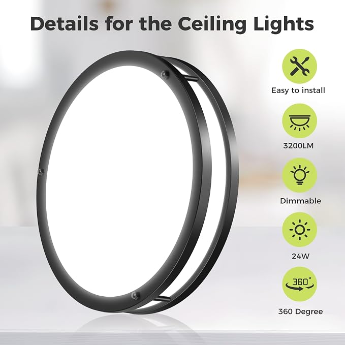 hepside Dimmable Flush Mount LED Ceiling Light, 13inch 24W Ceiling Light Fixtures, 3000K 3500K 4000K 5000K 6500K Adjustable Ceiling Lamps for Kitchen Bathroom Bedroom Hallway