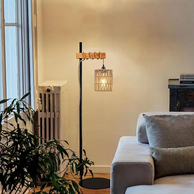 2X Boho Plug in Pendant Light, Hanging Light with Plug in Cord Ceiling Lamp Rattan Cylinder Lamp Shade On-Off Switch Hanging Plant Shelf Shelves Bohemian Decor for Bedroom Living Room Corner