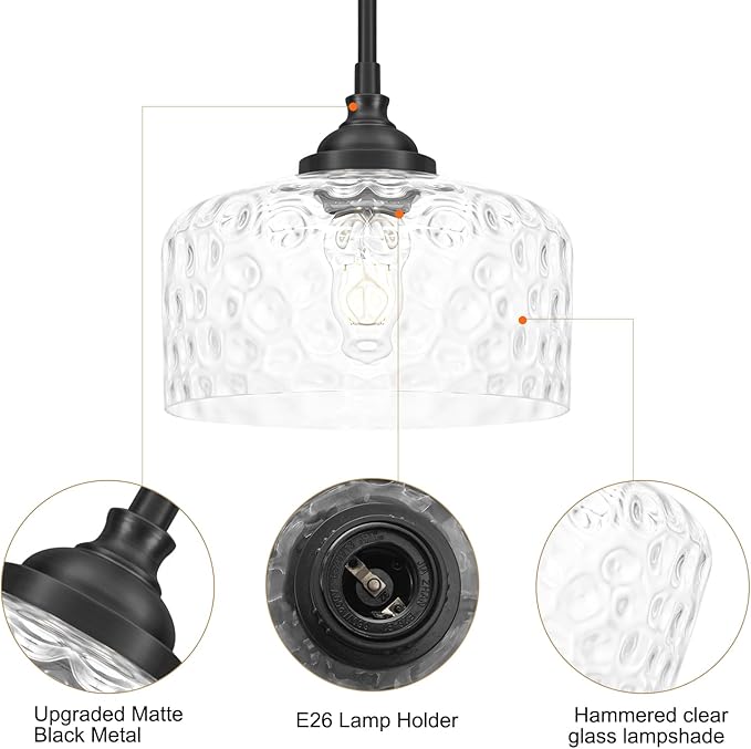 Daunton Black Pendant Light Fixtures, Pendant Lights Kitchen Island with Hammered Glass Shade for Modern Kitchen Island, Adjustable Hanging Ceiling Pendant Light for Dining Room Kitchen Sink Bathroom