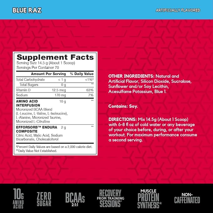 BSN Amino X Muscle Recovery & Endurance Powder with BCAAs, 10 Grams of Amino Acids, Keto Friendly, Caffeine-Free, Support Endurance, Zero Sugar, Blue Raz, 70 servings, 35.84 Ounce (Packaging May Vary)