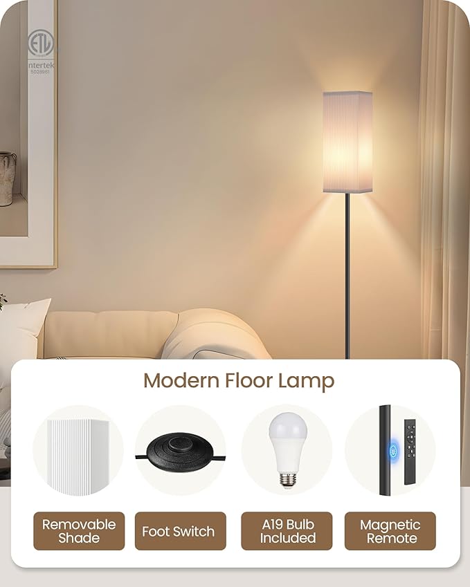 2Pack 64.2” Dimmable Floor Lamp for Living Room with Remote & Foot Switch, Corner Floor Lamp for Bedroom, Includes A19 Bulb, Modern Standing Tall Lamp, ETL Listed White and Black CW17LDP205
