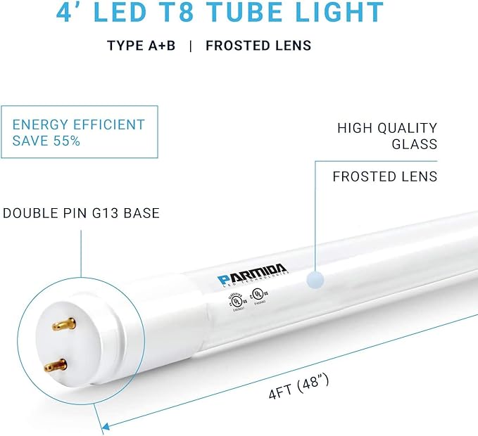 PARMIDA 20-Pack 4FT LED T8 Hybrid Type A+B Light Tube, 18W, Plug & Play or Ballast Bypass, Single-Ended OR Double-Ended Connection, 2200lm, Frosted Cover, T8 T10 T12, UL - 3000K