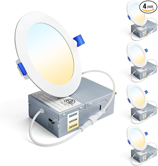 Ensenior 4 Pack 4 Inch LED Recessed Light, Dimmable, 3000K-5000K 3CCT, 750LM High Brightness, 9W 120V, Damp Rated, Ultra-Thin Canless Wafer Ceiling Light - ETL & FCC & IC