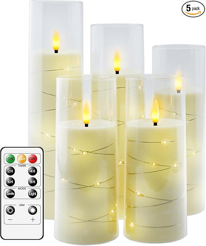kakoya Flameless LED Candles with Timer 5 Pc Flickering Flameless Candles for Romantic Ambiance and Home Decoration Stable Acrylic Shell,with Embedded Star String，Battery Operated Candles（Ivory）
