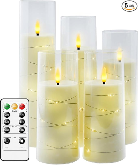 kakoya Flameless LED Candles with Timer 5 Pc Flickering Flameless Candles for Romantic Ambiance and Home Decoration Stable Acrylic Shell,with Embedded Star String，Battery Operated Candles（Ivory）