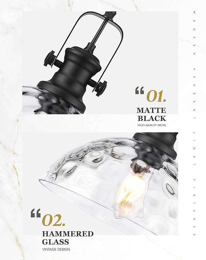 Large Pendant Lights Kitchen Island, 10.5" Farmhouse Black Pendant Lighting with Hammered Glass Shade, Vintage Hanging Light Fixtures for Dining Room Entryway, AD-22151-1PL-BK-H