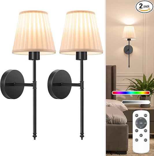 NIORSUN 19.9 inch Battery Operated Wall Sconce Set of 2,Beige Black Rechargeable Wall Lights with 5200mAh Dimmable Bulbs and Remote,9 Colors Wireless Wall Lamps for Bedroom Living Room Decor