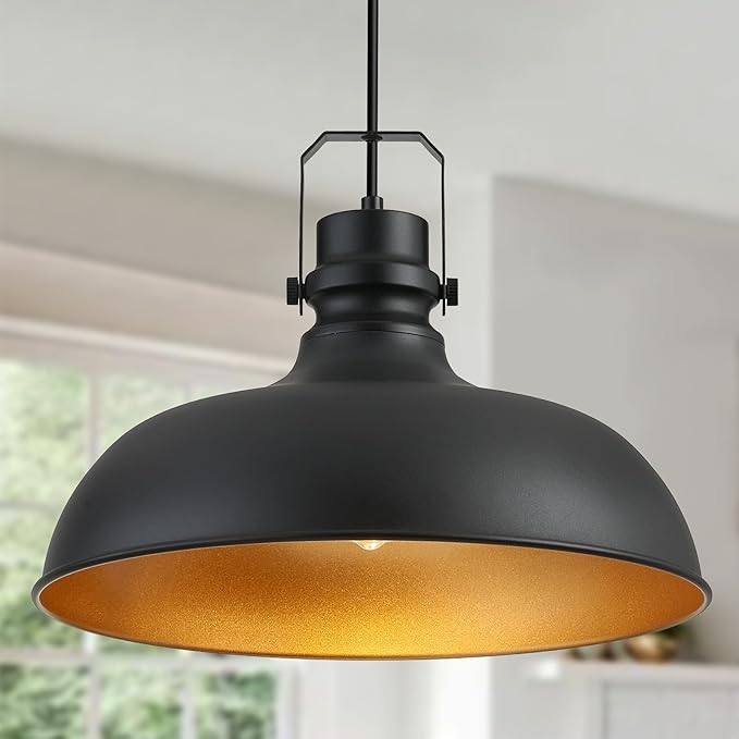 Black Farmhouse Pendant Lights 16 Inch Matte Pendant Lighting for Kitchen Island Industrial Adjustable Height Vintage Dome Hanging Light Fixtures for Barn, Dining Room 2 Packs