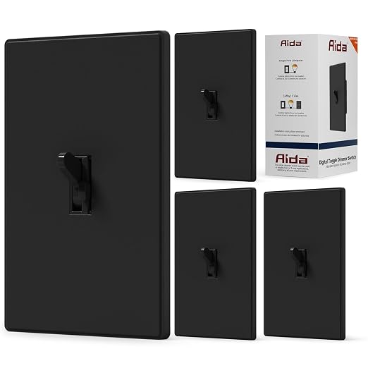 AIDA Digital Toggle Dimmer Switch for Dimmable LED, CFL & Incandescent Bulbs, Single Pole/3-Way, Screwless Wall Plate Included, UL Listed, No Neutral Wire Needed, Black, (4 Pack)