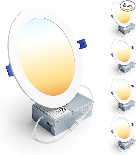 Ensenior 4 Pack 7 Inch LED Recessed Light, Dimmable, 2700K-5000K 5CCT, 1300LM High Brightness, 15W 120V, Damp Rated, Ultra-Thin Canless Wafer Light - ETL & FCC & IC