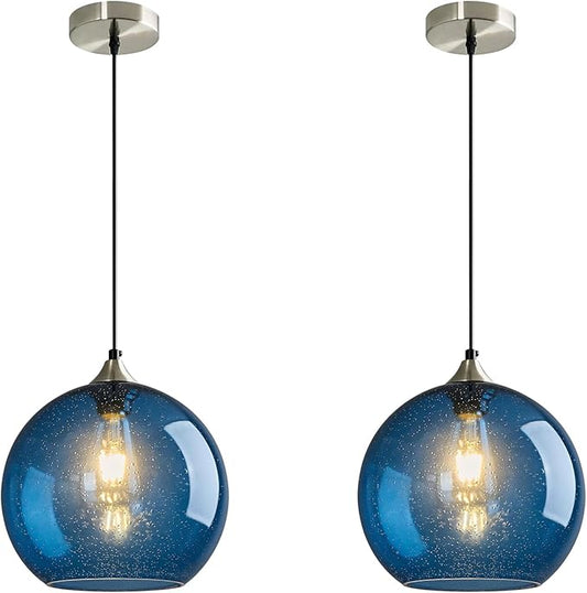 Modern 2-Pack Glass Globe Pendant Lights, Blue Modern Pendant Lighting for Kitchen Island, Clear Glass Hanging Lamps for Dining Room Living Room Bedroom, Medium 5.9 Inch Fixture (Bulbs Not Included)