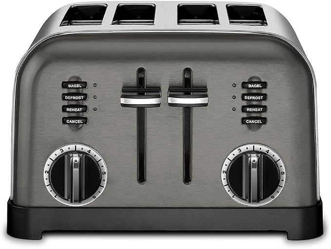 Cuisinart 4 Slice Toaster, Compact Stainless Steel Toaster with Extra-Wide Slots for Toasting Bread, French Toast, Bagels and Pastries, Defrost & Reheat Functions, CPT-180BKSP1, Black/Stainless Steel