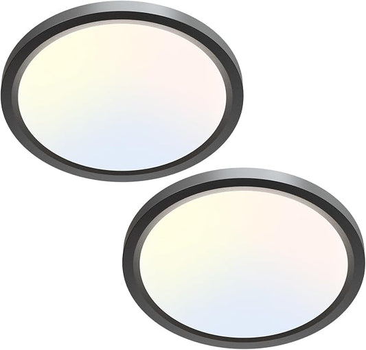 zemty 2Pack LED Ceiling Light Fixture 6.5 Inch, 12W 1200lm Ceiling Mount Light Fixtures, Adjustable 3000K 4000K 6500K, Round Flat Ceiling Lamp for Bathroom Closet Hallway Laundry (Black)