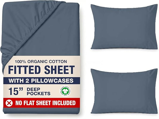 LANE LINEN King Size Fitted Sheet, 100% Organic Cotton, 3-Piece Set (1 Fitted Sheet,2 Pillowcases), Percale Weave, Ultra Soft, Breathable,Fits Mattress Upto 15" Deep - Estate Blue (No Flat Sheet)