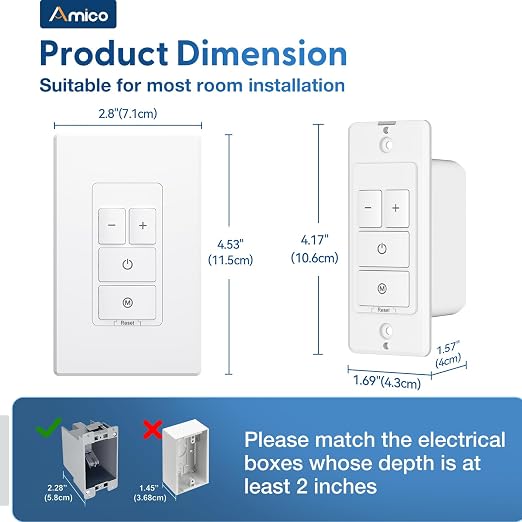 Amico Electronic Dimmer Switch, Touch Button Control, Single-Pole with LED Indicator, 150W Dimmable LED & 450W Incandescent, Includes Wall Plate, ETL Listed, 12 Pack, White