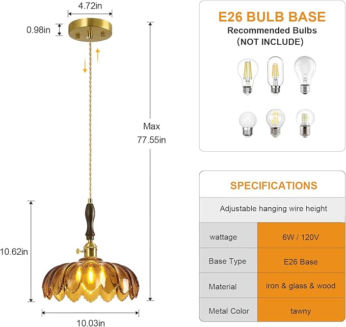 Modern Tawny Glass Pendant Light Retro Flower Glass Hanging Lamp Gold Brass Decorative Adjustable Ceiling Hanging Light Suitable for Kitchen Island Bedroom Dining Room Living Room