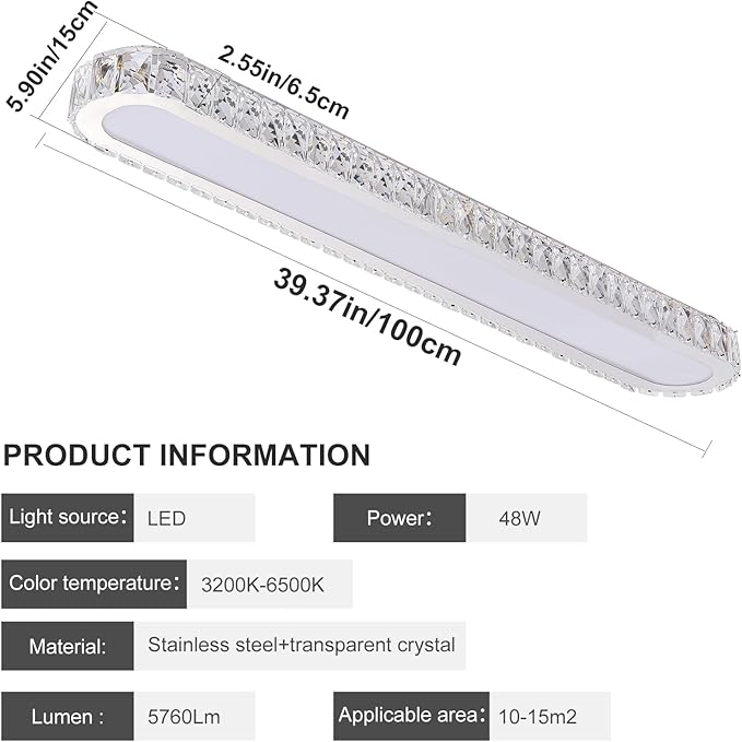 Qcyuui Dimmable LED Ceiling Light 39.4'' Kitchen Lighting Fixtures Ceiling Modern Luxury Crystal Ceiling Light with Remote Chrome Long Ceiling Light Fixture for Kitchen Dining Room Hallway,48W