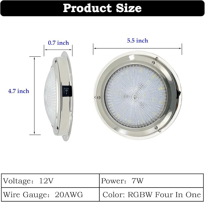 Marine Boat Dome Light,RGBW 5.5" 12V LED Interior Cabin Lights with Toggle Switch, Stainless Steel Surface Mount
