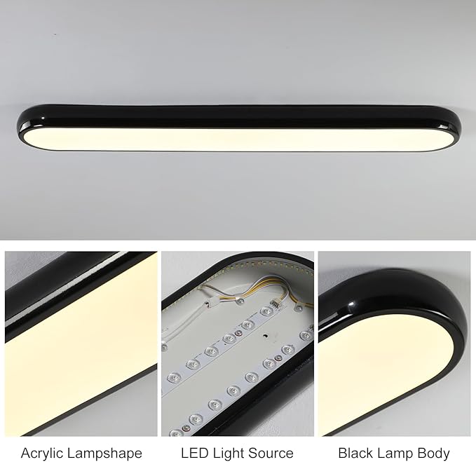 Qcyuui Modern LED Ceiling Light,Dimmable Semi Flush Mount Ceiling Light,39.4 in Long Ceiling Light Fixture,Kitchen Lighting Fixtures Ceiling for Office Bedroom Hallway(Black/48W/3000-6500K)