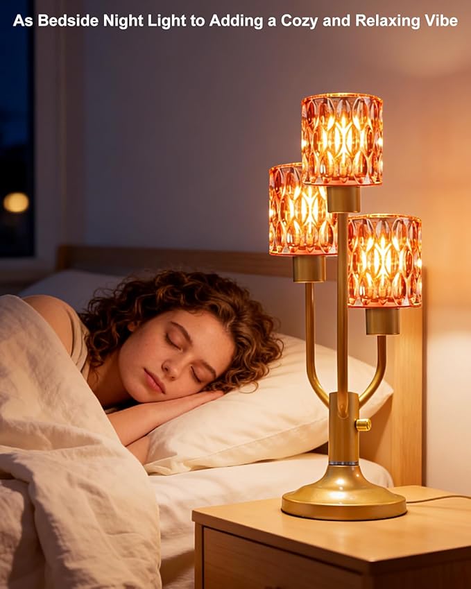 Mid Century Modern Table Lamp Dimmable Nightstand Lamp Gold Vintage Desk Lamp with Red Glass 3 Bulbs Included Warmwhite Ambient Bedside Lamps for Living Room Bedroom Office Home Decor
