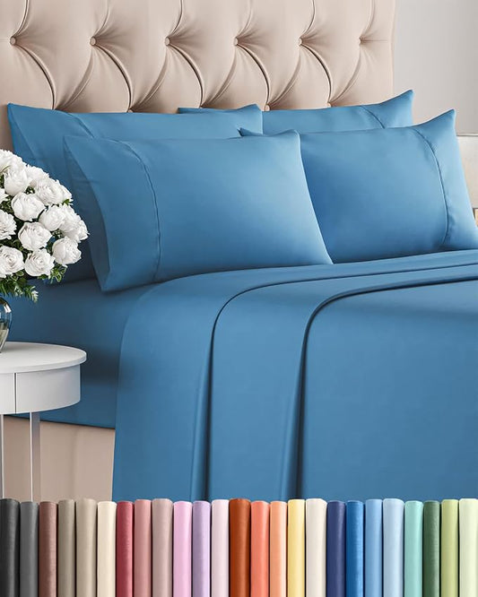 Queen 6 Piece Sheet Set - Comfy Breathable & Cooling - Ultra-Soft Hotel Luxury Bedding Set w/ 8-16 Inch Deep Pockets - 1 Flat & 1 Fitted Sheet & 4 Pillowcases - Wrinkle Free & Easy Care - Denim Blue