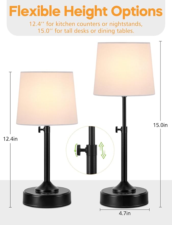 Height Adjustable Cordless Table Lamp Rechargeable with Timer, 3-Way & Stepless Dimmable LED Battery Operated Table Lamp, Wireless Battery Powered Lamp, Black Touch lamps for Nightstand Countertop