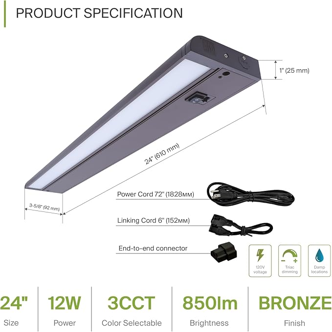 ASD Swivel LED Under Cabinet Lighting Plug in or Hardwired 24 Inch, Dimmable Under Cabinet Lights with High/Low/Off Switch, 3CCT 2700K-4000K, Linkable Under Counter Lights for Kitchen, Bronze, ETL