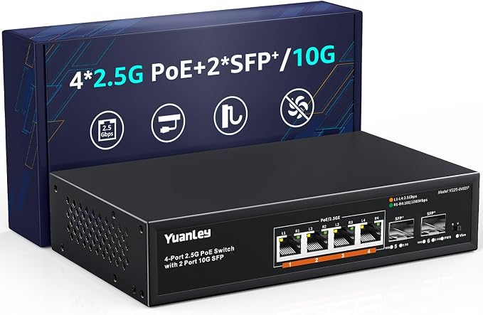 YuanLey 6 Port 2.5G PoE Switch Unmanaged, 4 x 2.5G Base-T PoE Ports, 2 x 10G SFP, IEEE802.3af/at, 78W, Compatible with 100/1000/2500Mbps, Metal Fanless, VLAN, Desktop/Wall Mount 2.5Gbe Network Switch