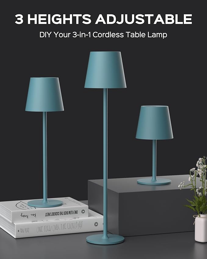 JACKYLED Cordless Table Lamps Rechargeable, 3 Adjustable Height, 5000mAh Battery Operated, 3 Colors Smooth Dimming, Portable LED Waterproof Table Lamp for Kitchen, Bedroom, Outdoor (2 Pack-Lake Blue)