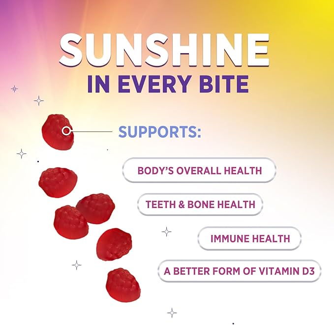 Vitamin D3 Gummies 5000 IU (125 mcg) - 3X Strength Immune Support and Bone Support, Vitamin D Gummy Dietary Supplement, Nature's Berry D Vitamin Supplement, Raspberry Flavored, Non-GMO - 60 Gummies