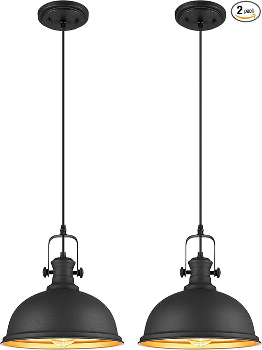 2-Pack Pendant Lights Kitchen Island, Farmhouse Hanging Lights Fixtures with Metal Shade, Rustic Kitchen Pendant Lighting Over Island for Dining Room, Matte Black, AD-2151-1P2L-BK