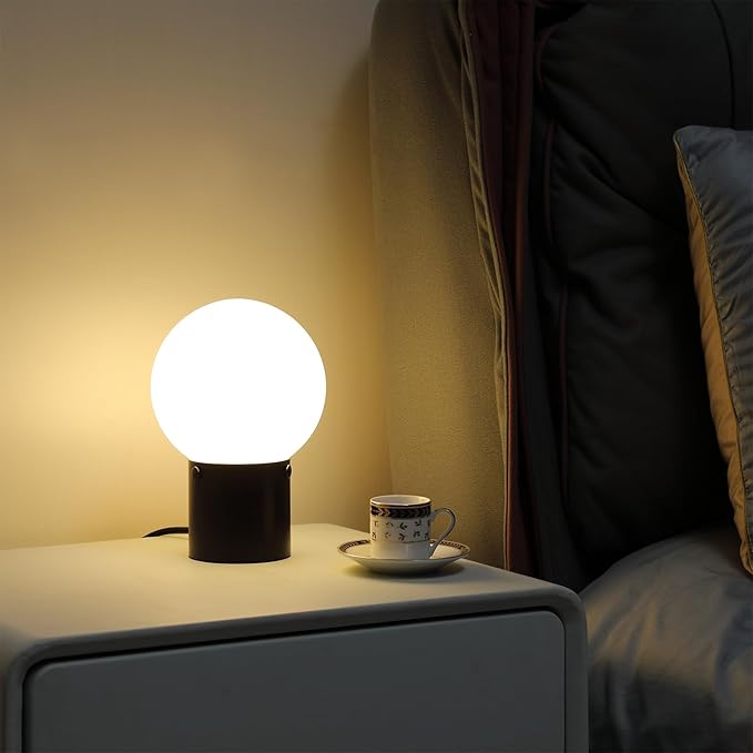 Somniferous Small Table Lamp for Nightstand with Frosted Glass Globe Lamp Shade, Mid Century Modern Bedside Lamp with Black Metal Base, Round Side Table Lamp for Bedroom Living Room Entryway