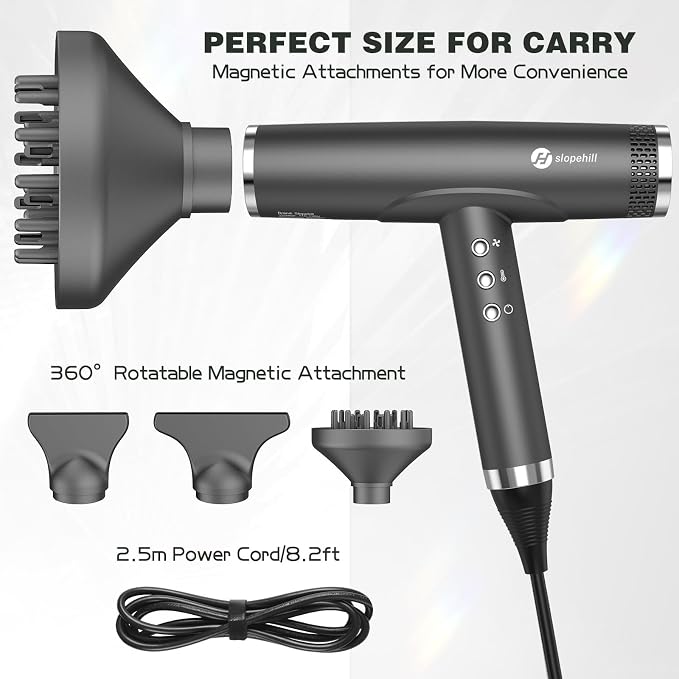 slopehill Professional Ionic Hair Dryer with Diffuser - Lightweight, Compact, Powerful & Fast Salon Blow Dryer with High Speed Brushless Motor for Travel, Women & Men (Ceramic, Dark)