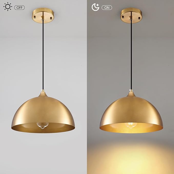 Gold Pendant Light 11.8", Industrial Dome Pendant Lights with Gold Interior, Adjustable Farmhouse Hanging Light for Kitchen Island Dining Room Bedroom Restaurant, 3 Pack