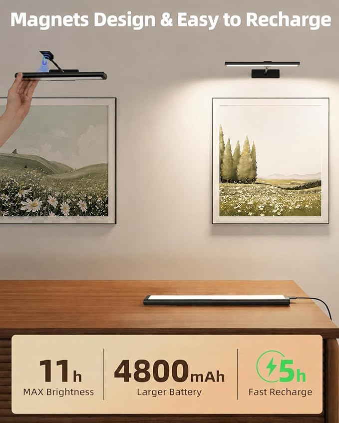 EZVALO Picture Light for Wall, 13'' Black Rechargeable 4800mAh Battery Lights Wireless with IR Remote, Magnetic LED Art Painting Light with 3 Color Temperatures, Display for Gallery, Living Room