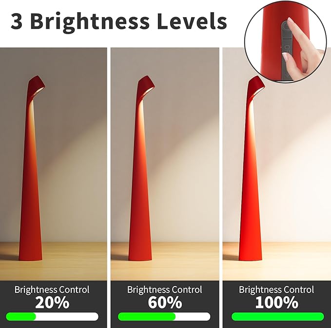 HAPYGI Portable Cordless LED Desk Lamp,Rechargeable Wireless Table Lamp, 3-Level Brightness, Patio Table Lamp, Bedside Night Light, Dining Room Ambient Light, Reading Light (Red)