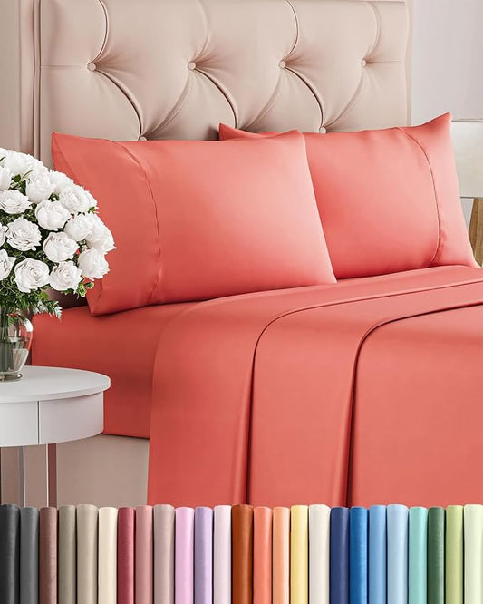 Twin 4 Piece Sheet Set - Comfy Breathable & Cooling - Ultra Soft Hotel Luxury Bedding Set with 8-16 Inch Deep Pockets - 1 Flat & 1 Fitted Sheet & 2 Pillowcases - Cozy, Wrinkle Free & Easy Care - Coral