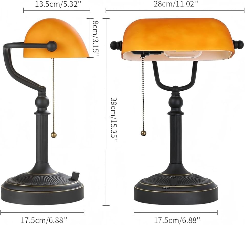 Matted Amber Glass Bankers Desk Lamp, Stepless Dimmable Table Lamp Plug in Fixture for Study, Home Office,Library, LED Bulb Included