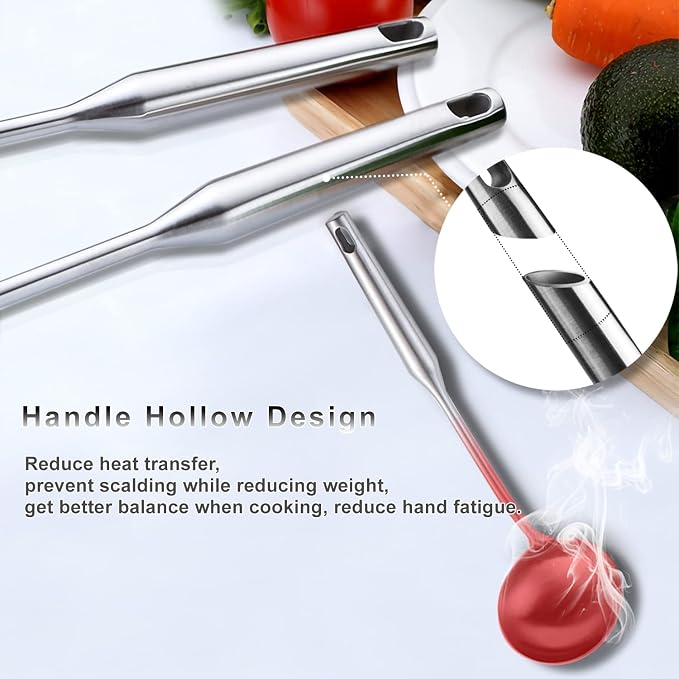 Stainless Steel Kitchen Utensils Set, 6 Pcs Professional All Metal Cooking Utensils Set 12-13.6 Inch, Wok Spatula, Ladle, Skimmer, Slotted Spatula Turner, Spaghetti Spoon, Large Spoon