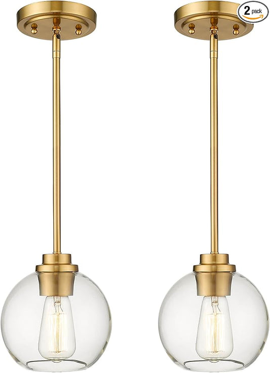 Brass Pendant Lights Kitchen Island 2 Pack, Farmhouse Gold Pendant Light with Clear Glass Globe Shade, Kitchen Island Lighting for Dining Room Entryway, AD-22280-1P2-GD-C